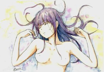 1girl absurdres bbmasa blunt_bangs breasts closed_eyes closed_mouth collarbone commentary_request hands_up hibike!_euphonium highres liz_to_aoi_tori long_hair lying medium_breasts messy_hair nipples nude on_back purple_hair signature sleeping solo traditional_media upper_body yoroizuka_mizore