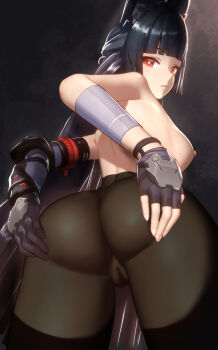 1girl 3d animal_ears ass bare_shoulders black_hair blunt_bangs breasts closed_mouth fingerless_gloves fox_ears fox_girl gloves highres hoshimi_miyabi jesushentaichr8 long_hair looking_at_viewer mikumikudance_(medium) nipples only_pantyhose pussy red_eyes simple_background single_fingerless_glove solo thighhighs thighs zenless_zone_zero