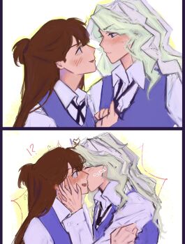 2girls blue_eyes blush brown_hair commentary diana_cavendish english_commentary eye_contact green_hair hand_on_another's_face highres hyutena kagari_atsuko kiss little_witch_academia long_hair looking_at_another multicolored_hair multiple_girls outline parted_lips purple_vest red_eyes shirt simple_background smile two-tone_hair vest white_background white_hair white_shirt yellow_outline yuri