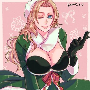1girl bleach bleach:_brave_souls blonde_hair blue_eyes breasts christmas cleavage komeko_(strikek-lvvjm27) large_breasts long_hair looking_at_viewer matsumoto_rangiku mole mole_under_mouth official_alternate_costume one_eye_closed smile solo
