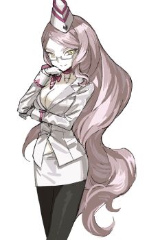 1girl black_pantyhose breasts cleavage fate/grand_order fate_(series) fgolz7l glasses gloves hat highres koyanskaya_(fate) koyanskaya_(foreigner)_(first_ascension)_(fate) large_breasts long_hair looking_at_viewer pantyhose pencil_skirt pink_hair skirt solo white_gloves white_hat white_skirt yellow_eyes