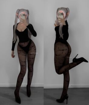 1girl ass black_panties breasts cleavage cosplay frieren grey_hair highres long_sleeves panties pantyhose real_life rinnicos selfie sousou_no_frieren sweater twintails underwear