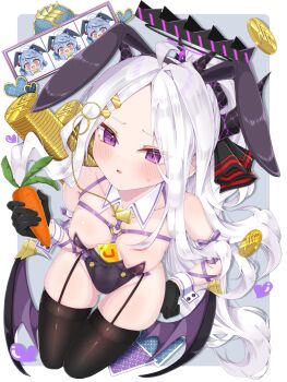 Rule 34 | 2girls, absurdres, ahoge, ako (blue archive), animal ears, annzuwann, black halo, black thighhighs, blue archive, blue eyes, blue hair, blush, breasts, carrot, coin, commentary request, demon girl, demon horns, demon wings, gehenna academy logo, halo, highres, hina (blue archive), horns, long hair, looking at viewer, low wings, medium hair, multiple girls, playboy bunny, purple eyes, rabbit ears, sitting, small breasts, thighhighs, very long hair, white hair, wings