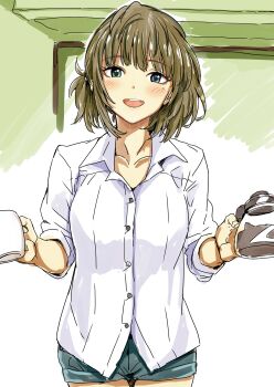 10s 1girl absurdres blue_eyes blue_shorts buttons coffee coffee_mug coffee_pot cup denim denim_shorts female_focus green_eyes green_hair heterochromia highres idolmaster idolmaster_cinderella_girls looking_at_viewer matching_hair/eyes mole mole_under_eye mug norimaki_(haru_koubou) shirt short_hair shorts smile solo takagaki_kaede white_shirt