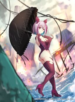1girl animal_ears aqua_hair black_umbrella boots breasts colored_inner_hair copyright_notice elbow_gloves fake_animal_ears gem gloves grey_hair high_heel_boots high_heels holding holding_umbrella leotard looking_back medium_hair multicolored_hair official_art outdoors pink_hair purple_boots purple_gemstone purple_leotard rain red_eyes solo takase_kou tears thigh_boots umbrella wreckage yato_urara z/x