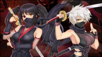 Rule 34 | 2girls, bare shoulders, black hair, black shawl, breasts, bridal gauntlets, cleavage, clock eyes, commentary, cosplay, crossover, date a live, english commentary, fingerless gloves, fishnets, gloves, heterochromia, holding, holding sword, holding weapon, katana, kuji-in, large breasts, long hair, looking at viewer, mask, medium breasts, miyabi (senran kagura), mouth mask, multiple girls, ninja, ninja mask, red eyes, senran kagura, senran kagura shinovi versus, shawl, short hair, slit pupils, sword, symbol-shaped pupils, tokisaki kurumi, twintails, v-shaped eyebrows, weapon, white hair, xdlloyd091x, yellow eyes