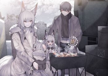 1boy 3girls absurdres animal_ears black_hair closed_mouth commentary cooking dated_commentary fox_ears fox_girl fox_tail highres long_hair multiple_girls open_mouth original parted_lips samip smile tail white_hair