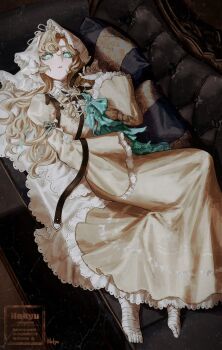 1girl aqua_eyes arm_belt bandaged_foot bandaged_hand bandages belt blonde_hair brown_belt couch cushion dress from_above full_body hakyusiku hand_up highres juliet_sleeves long_hair long_sleeves looking_at_viewer lorelei_(reverse:1999) lying on_back on_couch puffy_sleeves reverse:1999 solo veil watermark white_dress white_veil