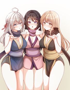 3girls absurdres ahoge alisa_mikhailovna_kujou bare_shoulders black_hair blonde_hair blue_eyes blue_kimono breasts brown_kimono cleavage commentary_request commission cowboy_shot crossover gradient_background grey_hair hair_ribbon hands_up highres japanese_clothes kimono large_breasts long_hair looking_at_viewer matching_outfits multiple_girls ninja open_mouth otonari_no_tenshi-sama_ni_itsu_no_mani_ka_dame_ningen_ni_sarete_ita_ken pink_kimono pixiv_commission ribbon sakurajima_mai scarf seishun_buta_yarou shiina_mahiru_(otonari_no_tenshi-sama) simple_background sleeveless sleeveless_kimono tokidoki_bosotto_roshia-go_de_dereru_tonari_no_alya-san variant_set welo yellow_eyes