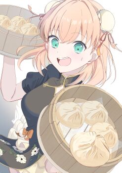 1girl :d absurdres aqua_eyes bamboo_steamer black_shirt breasts bun_cover chinese_clothes cleavage_cutout clothing_cutout commentary double_bun falling food gradient_ribbon hair_bun hair_ribbon hashtag-only_commentary hasu_no_sora_pop_up_shop_china_collection highres hinoshita_kaho holding_bamboo_steamer large_breasts link!_like!_love_live! love_live! medium_hair morio_(mmorio_mu) official_alternate_costume open_mouth orange_hair red_ribbon ribbon shirt simple_background skirt smile solo steamed_bun sweatdrop virtual_youtuber white_background yellow_ribbon yellow_skirt