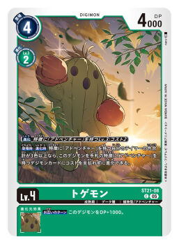 Rule 34 | artist name, boxing gloves, cactus, card (medium), character name, commentary request, copyright name, digimon, digimon (creature), digimon card game, gloves, naru (kts5584), official art, red gloves, solo, sunset, togemon, trading card, translation request