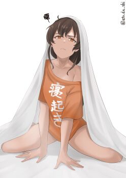 1girl absurdres arm_support atodashi brown_hair collarbone commentary_request hair_between_eyes highres kantai_collection long_hair looking_at_viewer naked_shirt orange_eyes orange_shirt pout print_shirt shadow shirt sidelocks simple_background single_off_shoulder sitting solo souya_(kancolle) spread_legs squiggle translation_request twitter_username white_background