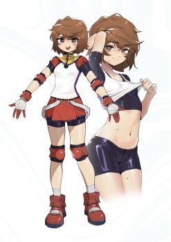1girl :d absurdres anomarasu bike_shorts black_shorts blush breasts brown_eyes brown_hair closed_mouth clothes_lift cowboy_shot cropped_legs full_body gloves highres knee_guards kuruna_(pixel_princess_blitz) looking_at_viewer midriff miniskirt multiple_views navel open_mouth pixel_princess_blitz shirt_lift short_hair shorts simple_background skirt small_breasts smile standing sweat tank_top white_background
