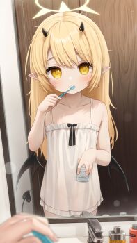 1girl absurdres black_horns black_wings blonde_hair blue_archive commentary comodox demon_horns demon_tail demon_wings english_commentary halo highres holding horns huge_filesize ibuki_(blue_archive) loli long_hair looking_at_viewer paid_reward_available pointy_ears tail toothbrush variant_set wings yellow_eyes