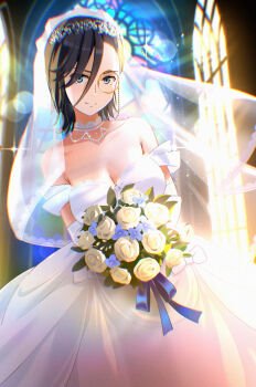 1girl blackminolith_(2ne) bouquet breasts bridal_veil bride church cleavage collarbone commentary commission dress english_commentary flower hair_between_eyes highres holding holding_bouquet large_breasts long_hair_between_eyes monocle pixiv_commission rimea smile solo stained_glass toaru_majutsu_no_index veil wedding_dress