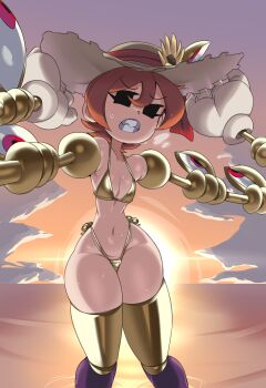 1girl absurdres beach bikini black_eyes breasts captain_kirb clenched_teeth cloud flower gold_bikini golden_week hat hat_flower hat_ribbon highleg highleg_bikini highres joints looking_at_viewer mechanical_arms micro_bikini navel ocean orange_hair outdoors peacock_(skullgirls) red_ribbon ribbon sharp_teeth shiny_skin short_hair side-tie_bikini_bottom skullgirls sky small_breasts solid_eyes solo standing straw_hat sun sun_hat sunflower sunset sweat sweatdrop swimsuit teeth thick_thighs thighhighs thighs weapon wide_hips yellow_bikini