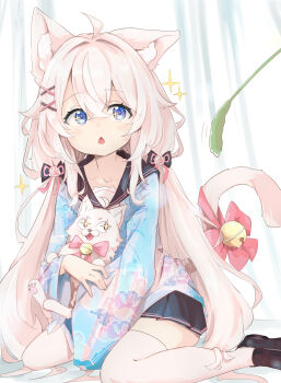+_+ 1girl absurdres ahoge animal animal_ear_fluff animal_ears backlighting bell black_sailor_collar black_shoes black_skirt blue_eyes blush bow brown_hair cat cat_ears cat_girl cat_tail chestnut_mouth commentary_request commission curtains day hair_between_eyes hair_ornament hair_over_shoulder hairclip highres jingle_bell loafers long_hair long_sleeves low_twintails open_mouth original pink_bow pleated_skirt sailor_collar shibainu_kisetsu shoes sitting skeb_commission skirt solo sparkle sunlight tail tail_bell tail_bow tail_ornament thighhighs twintails very_long_hair wariza white_thighhighs wide_sleeves x_hair_ornament
