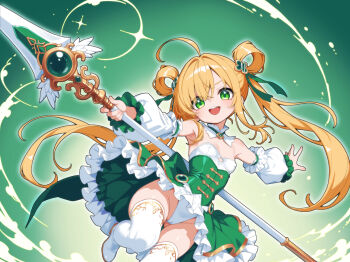 1girl ahoge armpits blonde_hair breasts cameltoe clothes_lift commentary_request corset covered_erect_nipples detached_sleeves dress dress_lift floating_hair foot_out_of_frame green_background green_eyes green_ribbon hair_intakes hair_ribbon hair_rings holding holding_polearm holding_weapon long_hair long_sleeves looking_at_viewer mutsuse open_mouth original outstretched_arms panties polearm ribbon small_breasts spear spread_arms strapless strapless_dress thighhighs twintails two-tone_dress underwear weapon white_panties white_thighhighs