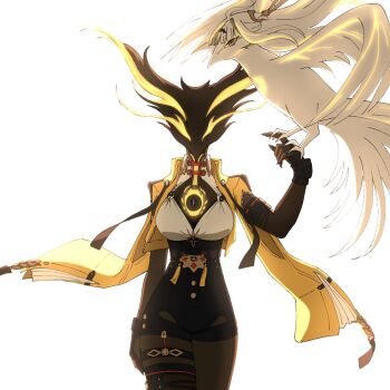 1girl asymmetrical_gloves bird bird_on_hand black_eyes black_skin black_thighhighs black_unitard breasts colored_skin commentary cowboy_shot elbow_gloves english_commentary gloves hair_ornament hairpin hand_up highres jacket klaivre_p large_breasts long_hair looking_at_viewer open_clothes simple_background single_elbow_glove single_thighhigh species_switch tassel thigh_strap thighhighs uneven_gloves white_background white_bird white_hair yellow_eyes yellow_jacket yin_yang_pin yixuan_(zenless_zone_zero) zenless_zone_zero