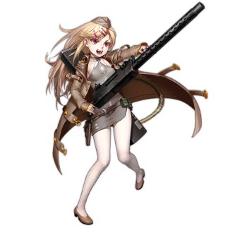 Rule 34 | 1girl, ammunition, ammunition belt, ammunition box, as109, belt, breasts, brown belt, brown coat, brown hat, brown shoes, browning m1919, bullet, cleavage cutout, clothing cutout, coat, dress, female focus, full body, garrison cap, girls' frontline, green bag, grey dress, gun, hair ornament, hairclip, hat, holding, holding gun, holding weapon, holster, long hair, long sleeves, m1919a4 (girls' frontline), machine gun, medium breasts, medium machine gun, military coat, official art, open mouth, pantyhose, pouch, red eyes, rifle cartridge, shoes, short dress, sleeveless, sleeveless dress, smile, solo, teeth, transparent background, upper teeth only, very long hair, weapon, white pantyhose