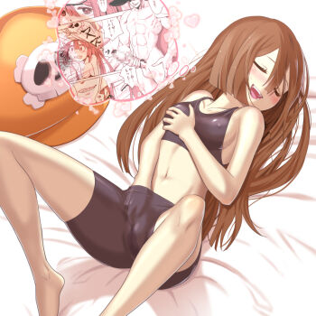 1girl bad_id bad_pixiv_id barefoot bike_shorts blush breasts brown_hair closed_eyes clothed_masturbation covered_erect_nipples feet female_focus female_masturbation female_pervert grabbing_own_breast guilty_gear hand_under_clothes hand_under_shorts hat imagining johnny_(guilty_gear) long_hair long_legs lying masturbation may_(guilty_gear) medium_breasts midriff navel no_panties on_back on_bed pervert pussy_juice pussy_juice_stain shorts sideboob smile solo sports_bra sweat unworn_hat unworn_headwear yama_tatsuo