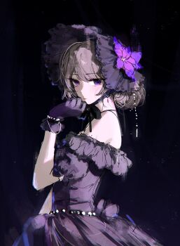 Rule 34 | 1girl, absurdres, alternate costume, alternate hairstyle, bare shoulders, brown hair, closed mouth, dress, feint721, flower, from side, gloves, hair up, hand up, herta (honkai: star rail), highres, honkai: star rail, honkai (series), looking at viewer, looking to the side, purple dress, purple eyes, purple flower, purple gloves, short hair, solo, the herta (honkai: star rail)
