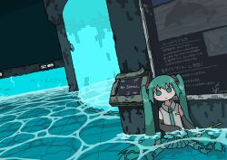 1girl absurdres aqua_eyes aqua_hair aqua_necktie aquarium arm_tattoo caustics collared_shirt crack cracked_glass detached_sleeves dolphin emesan_desu expressionless fish hair_rings hatsune_miku highres indoors necktie no_nose number_tattoo partially_submerged pleated_skirt scenery school_of_fish shirt sitting skirt sleeveless sleeveless_shirt solo spring_onion tareme tattoo twintails vocaloid water
