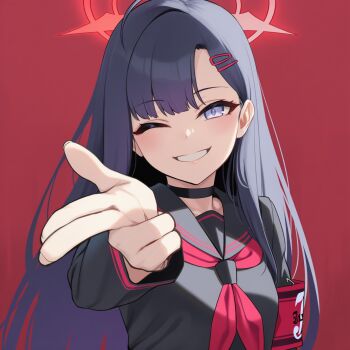 1girl ahoge armband bad_tag black_choker black_eyes black_hair black_sailor_collar black_serafuku blue_archive blue_eyes blush choker female finger_gun grey_eyes grin hair_ornament hairclip halo highres ichika_(blue_archive) long_hair long_sleeves looking_at_viewer neckerchief neckwear one_eye_closed purple_eyes red_armband red_halo red_neckerchief red_neckwear safety_pin sailor_collar school_uniform serafuku smile solo uniform upper_body