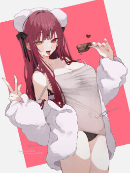 Rule 34 | 1girl, black bow, black panties, bow, braid, braided bangs, breasts, camisole, cleavage, commentary, double strap slip, food, fur jacket, grey camisole, hair bow, heterochromia, highres, holding, holding food, holding popsicle, hololive, houshou marine, jacket, large breasts, long hair, looking at viewer, no pants, off shoulder, open mouth, panties, popsicle, red eyes, red hair, solo, strap slip, symbol-only commentary, tongue, tongue out, underwear, uo illust, virtual youtuber, w, white jacket, yellow eyes