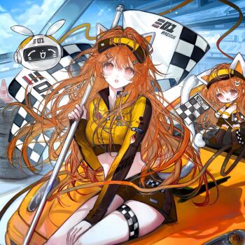 1girl animal_ears between_legs boots breasts brown_eyes brown_hair car checkered_flag chibi crop_top cropped_jacket day fake_animal_ears flag gloves goggles hair_ornament hairclip highres holding holding_flag long_hair long_sleeves looking_at_viewer medium_breasts midriff motor_vehicle navel official_alternate_costume orange_hair original outdoors parted_lips rabbit_ears race_queen shirt short_shorts shorts sitting tail thigh_strap thighs very_long_hair visor_cap wuyu16