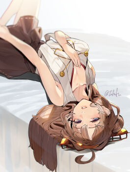 Rule 34 | 1girl, absurdres, ahoge, bare legs, bare shoulders, blush, breasts, brown hair, commentary request, double bun, fuwafuwatoufu, hair bun, hair ornament, hairband, headgear, highres, japanese clothes, kantai collection, kongou (kancolle), kongou kai ni (kancolle), large breasts, long hair, looking at viewer, lying, nontraditional miko, on bed, open mouth, purple eyes, smile