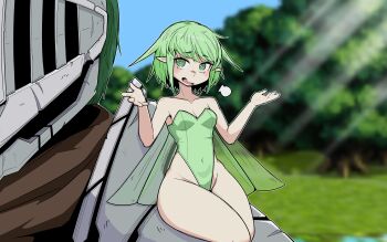 1boy 1girl absurdres armor bare_shoulders black_souls breasts commentary day english_commentary faetpng fairy fairy_wings grass green_hair green_leotard green_pupils green_wings grimm_(black_souls) helmet highres leaf_(black_souls) leotard looking_at_viewer open_mouth outdoors pointy_ears short_hair sky small_breasts strapless strapless_leotard sunlight tree wings