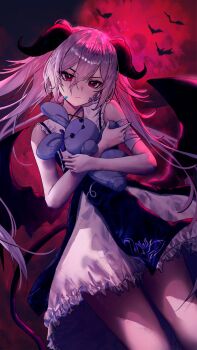 1girl absurdres aiko_(phase_connect) bandaid bandaid_on_cheek bandaid_on_face bare_arms bare_shoulders blue_dress commentary dress frown gauze gauze_on_cheek highres holding holding_stuffed_toy horns hugging_object layered_dress long_hair looking_at_viewer mn374390 moon phase_connect red_eyes red_moon sleeveless sleeveless_dress solo stuffed_animal stuffed_rabbit stuffed_toy twintails virtual_youtuber white_dress white_hair