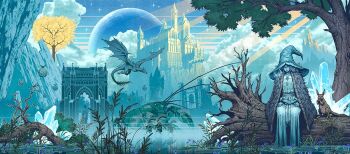 1girl blue_hair blue_skin bush cape castle cloak colored_skin crystal doll_joints dragon elden_ring extra_arms fallen_tree fantasy fromsoftware fur_cape fur_cloak giant_crayfish_(elden_ring) hat joints large_hat lobster long_hair luis_melo monster moon mountainous_horizon night pond ranni_the_witch sitting on_tree_stump star_(sky) witch witch_hat