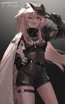 1girl ;d absurdres animal_ear_fluff animal_ears arknights arm_up belt belt_buckle black_gloves black_hat black_shorts bright_pupils buckle cape commission contrapposto cowboy_shot genieko gloves gradient_background gravel_(arknights) gravel_(modeling_night)_(arknights) grey_background hand_on_own_hip hat high-waist_shorts highres jewelry long_hair long_sleeves looking_at_viewer necklace official_alternate_costume one_eye_closed open_mouth pink_hair red_eyes shorts smile solo tail teeth thigh_strap tilted_headwear turtleneck upper_teeth_only v very_long_hair white_cape