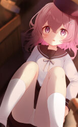 Rule 34 | 1girl, :o, beret, blurry, blurry background, blurry foreground, commentary request, feet out of frame, flat chest, hair between eyes, hat, highres, indoors, kneehighs, komone ushio, light blush, long sleeves, looking at viewer, lying, m legs, medium hair, neck ribbon, on back, open mouth, original, panties, pink eyes, pink hair, red sailor collar, red skirt, ribbon, sailor collar, school uniform, serafuku, shirt, skirt, socks, solo, underwear, upskirt, white panties, white shirt, white socks, yellow ribbon