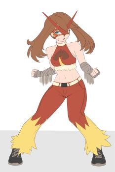 1girl arm_wrap belt blaziken blaziken_(cosplay) blue_eyes blysill breasts brown_hair cosplay full_body gen_3_pokemon grey_background highres mask may_(pokemon) nintendo open_mouth pants pokemon pokemon_rse red_pants shoes short_hair white_background