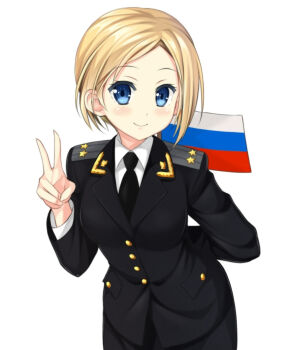 Rule 34 | 1girl, arm behind back, arm behind head, blonde hair, blue eyes, blush, epaulettes, female focus, formal clothes, jacket, looking at viewer, military, military dress uniform, military uniform, natalia poklonskaya, necktie, pencil skirt, phanc, real life, russia, russian flag, short hair, simple background, skirt, skirt suit, smile, solo, suit, v, white background