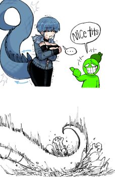 1boy 1girl ^_^ black_choker black_pants blue_eyes blue_hair blue_hoodie body_exploration breasts choker cleavage closed_eyes colored_skin commentary_request ear_piercing earrings face_piercing giant giantess green_skin highres hood hoodie jewelry kame-chan_(oligogi_meoggosipda) korean_commentary lip_piercing lizard_tail monster_girl oligogi_meoggosipda original pants piercing short_hair tail white_background