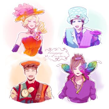 2boys 2girls black_hair blonde_hair blue_eyes brown_hair carlotta_mariposa disneyland dress fashionable_easter gloria_de_mode gloves hat highres hugo_verjules multiple_boys multiple_girls nerigoma p.a._ocean_seamarine purple_eyes red_eyes short_hair smile top_hat upper_body yellow_eyes