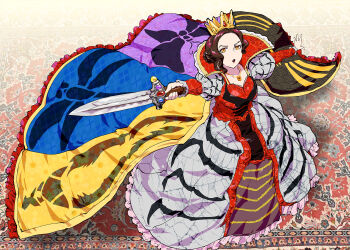 1girl brown_hair cape commentary_request crown curly_hair dress from_above full_body gold_crown grey_dress highres holding holding_sword holding_weapon jeweled_crown jewelry lipstick long_dress looking_at_viewer makeup medici_collar mole mole_under_mouth multicolored_cape necklace ohsama_sentai_king-ohger open_mouth outstretched_arms personification solo standing super_sentai sword ueyama_michirou weapon yellow_eyes