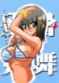 1girl aizawa_sakuya anzai_satsuki armpits bikini breasts green_eyes grey_hair hair_ornament hayate_no_gotoku! highres large_breasts short_hair simple_background solo swimsuit tan