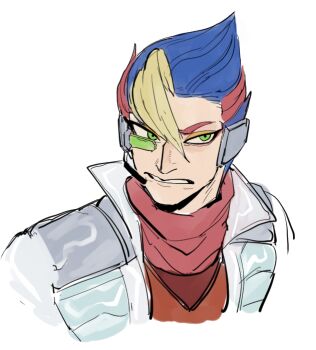 1boy blonde_hair blue_hair clenched_teeth dancho_no_mori eyeliner eyeshadow falco_lombardi frown green_eyes headset humanization jacket makeup male_focus microphone multicolored_hair nintendo parted_lips portrait red_eyeliner red_hair red_scarf scarf scouter short_hair solo star_fox streaked_hair teeth white_jacket yellow_eyeshadow