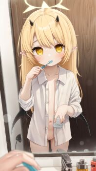 1girl absurdres black_horns black_tail black_wings blonde_hair blue_archive commentary comodox demon_horns demon_tail demon_wings english_commentary flat_chest halo highres holding horns ibuki_(blue_archive) loli long_hair navel open_clothes open_shirt paid_reward_available pointy_ears shirt tail toothbrush variant_set white_shirt wings yellow_eyes