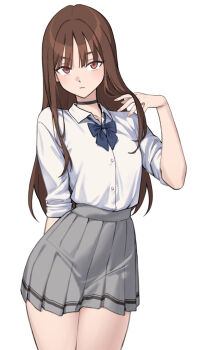 1girl aemu1008 arm_behind_back black_choker blue_ribbon brown_hair choker closed_mouth expressionless eyebrows_hidden_by_hair flat_chest grey_skirt long_hair looking_at_viewer neck_ribbon original red_eyes ribbon school_uniform shirt simple_background skirt sleeves_rolled_up solo white_background white_shirt