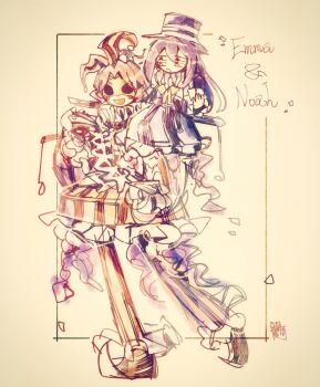 Rule 34 | 2boys, black footwear, blush, card, closed mouth, dress, emma (project moon), empty eyes, extra eyes, frilled sleeves, frills, hat, height difference, highres, holding, holding card, jester cap, juliet sleeves, library of ruina, long sleeves, mask, multiple boys, neck ruff, noah (project moon), open mouth, project moon, puffy sleeves, red dress, shoes, simple background, smile, standing, surumenabe, white background