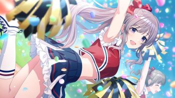 Rule 34 | 3girls, arm up, bow, breasts, cheerleader, crop top, dutch angle, facial mark, from side, game cg, grey hair, hair bow, idolmaster, idolmaster shiny colors, long hair, looking at viewer, medium breasts, midriff, multiple girls, official art, open mouth, pleated skirt, pom pom (cheerleading), ponytail, purple eyes, red bow, red shirt, shirt, shoes, skirt, sky, sleeveless, sleeveless shirt, smile, socks, third-party source, white shoes, white socks, yukoku kiriko