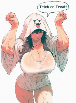 1girl absurdres arms_up bare_legs blush boo_(mario) breasts brown_eyes brown_hair character_print cleavage_cutout clothing_cutout collarbone covered_abs curvy english_text ghost_costume hair_between_eyes halloween halloween_costume highres huge_breasts long_hair looking_at_viewer mario_(series) muscular muscular_female nintendo original shirt speech_bubble spoiledmuffin white_background white_shirt wide_sleeves