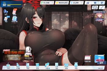 aru_(blue_archive) bare_shoulders black_choker black_dress black_hair black_horns black_thighhighs black_wings blue_archive breasts brown_horns china_dress chinese_clothes choker covered_navel demon_horns dress eyes_visible_through_hair fake_screenshot feathered_wings grey_halo halo hand_on_own_stomach hasumi_(blue_archive) highres horns huge_breasts kayoko_(blue_archive) kayoko_(dress)_(blue_archive) knee_up light_smile long_hair looking_at_viewer mandarin_collar mole mole_under_eye multicolored_hair navel nikrop pink_hair reclining red_eyes red_halo red_trim side_slit sleeveless sleeveless_dress solo_focus streaked_hair thighhighs two-tone_hair user_interface white_hair wings