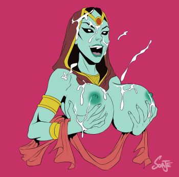 absurdres black_eyes black_hair blue_lips blue_skin bracelet breasts colored_skin cum cum_on_body cum_on_breasts cum_on_upper_body dc_comics dcau facial grabbing_another's_breast groping highres hood jewelry large_breasts necklace nipples rama_kushna ribbon smile sorje_(artist) tiara